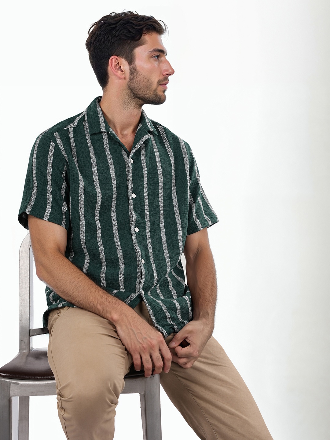 

Celio Men Cotton Classic Opaque Striped Regular Fit Casual Shirt, Green