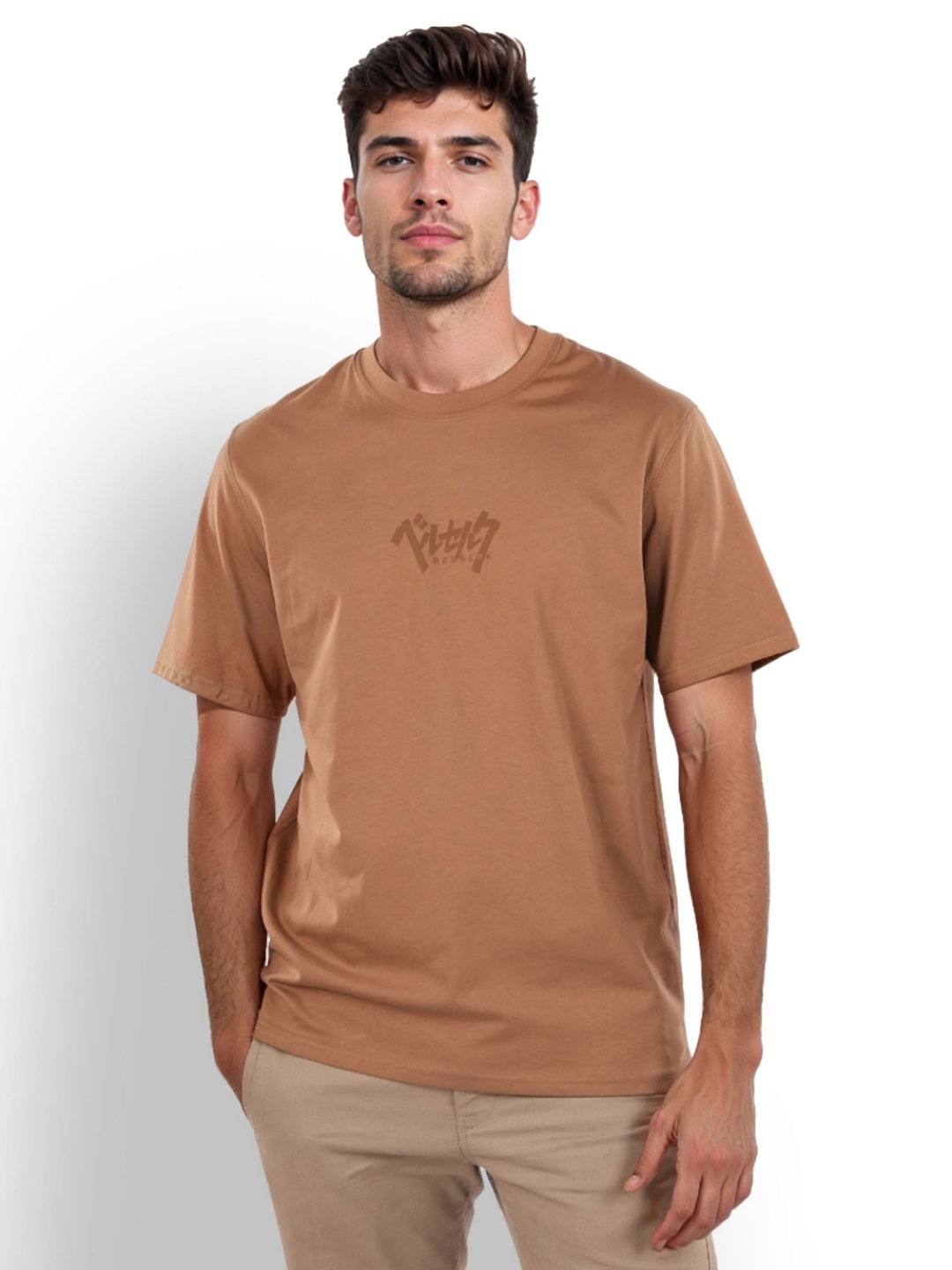

Celio Men Beserk Printed Round Neck Cotton Oversized T-Shirt, Brown