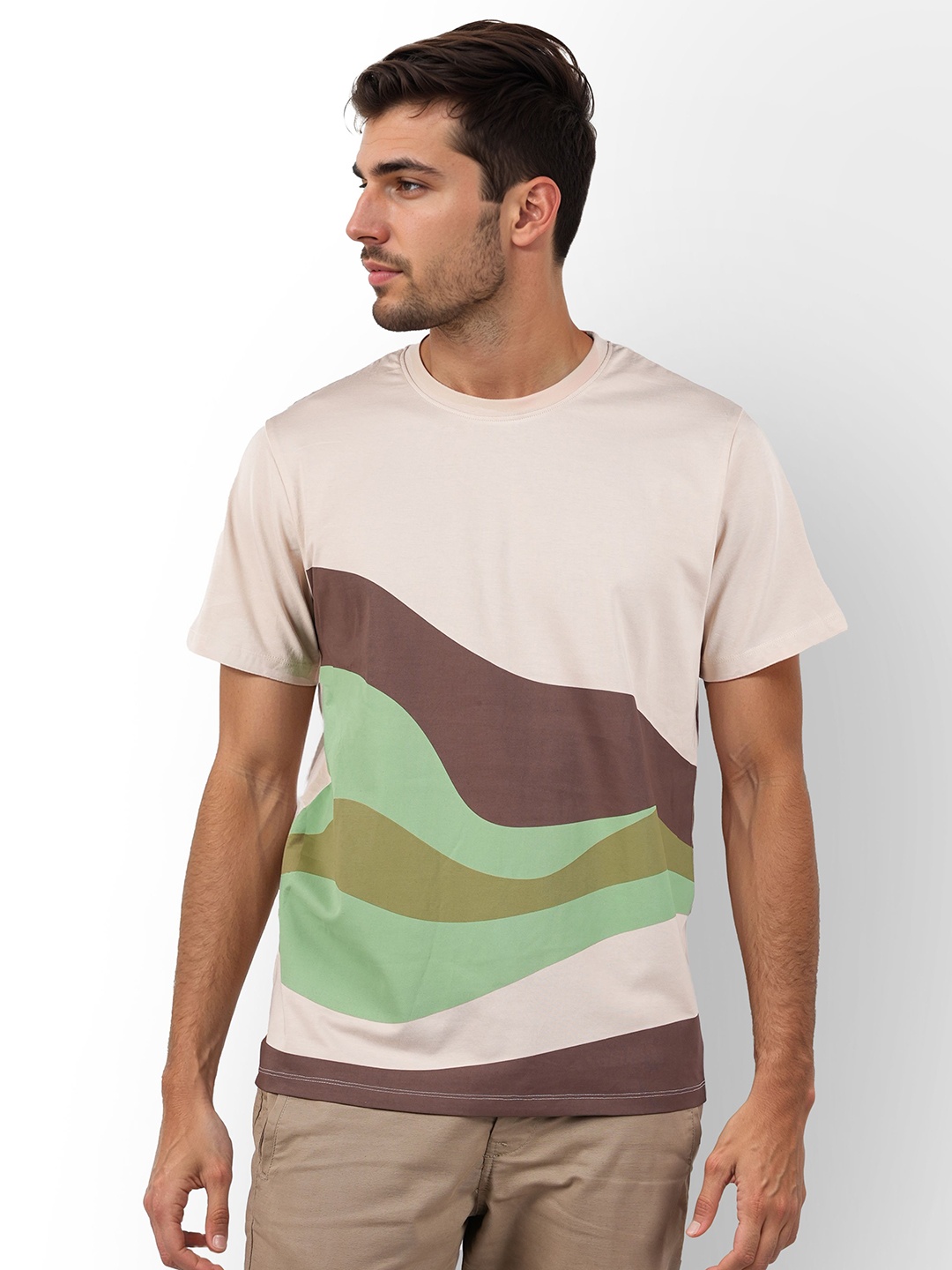 

Celio Men Colourblocked Printed Round Neck Cotton T-Shirt, Beige