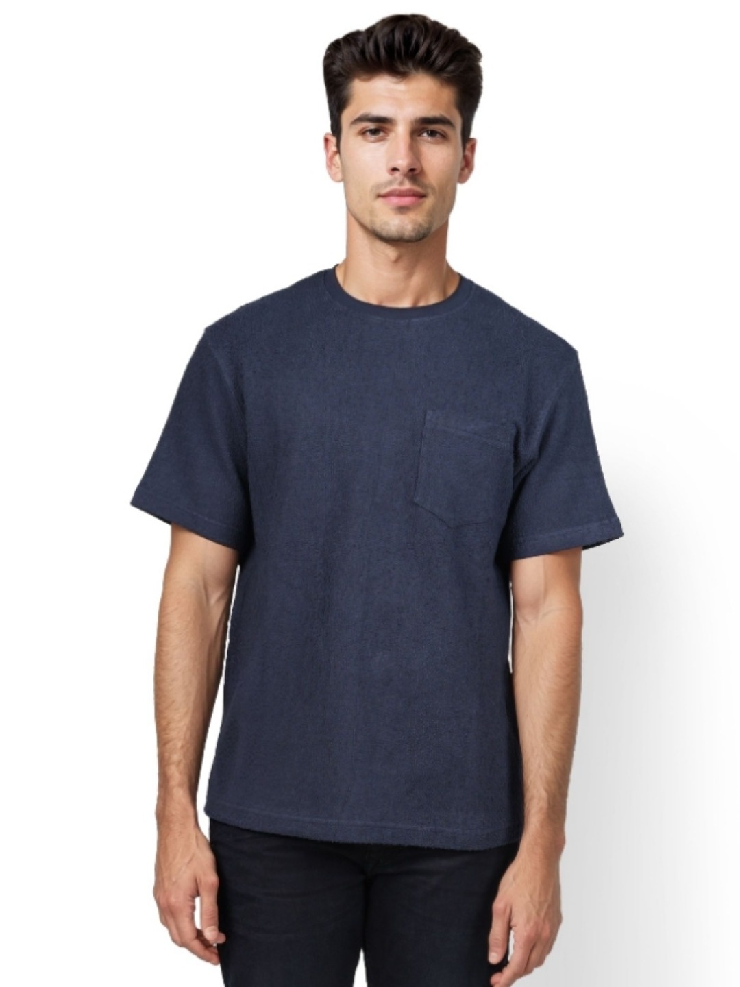 

Celio Men Solid Round Neck Cotton Boxy T-Shirt, Navy blue