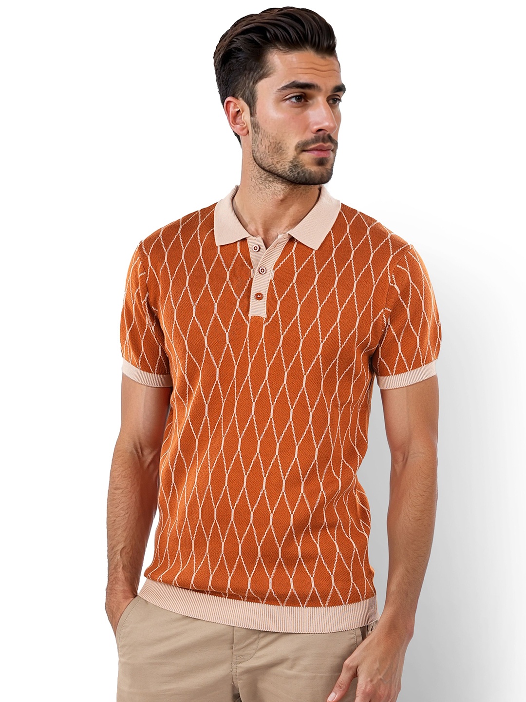 

Celio Geometric Printed Polo Collar Flat Knit T-Shirt, Brown