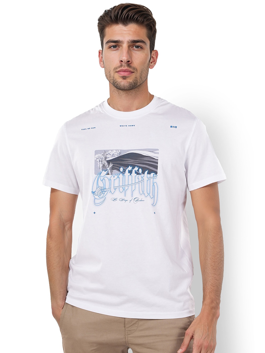 Celio Men Beserk Printed Round Neck Cotton Oversized T-Shirt, White