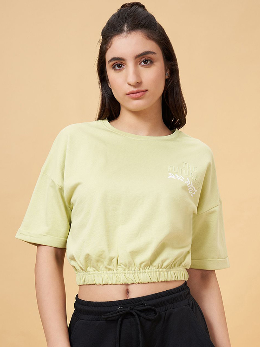 

Ajile by Pantaloons Women Typography V-Neck Drop-Shoulder Sleeves T-shirt, Green