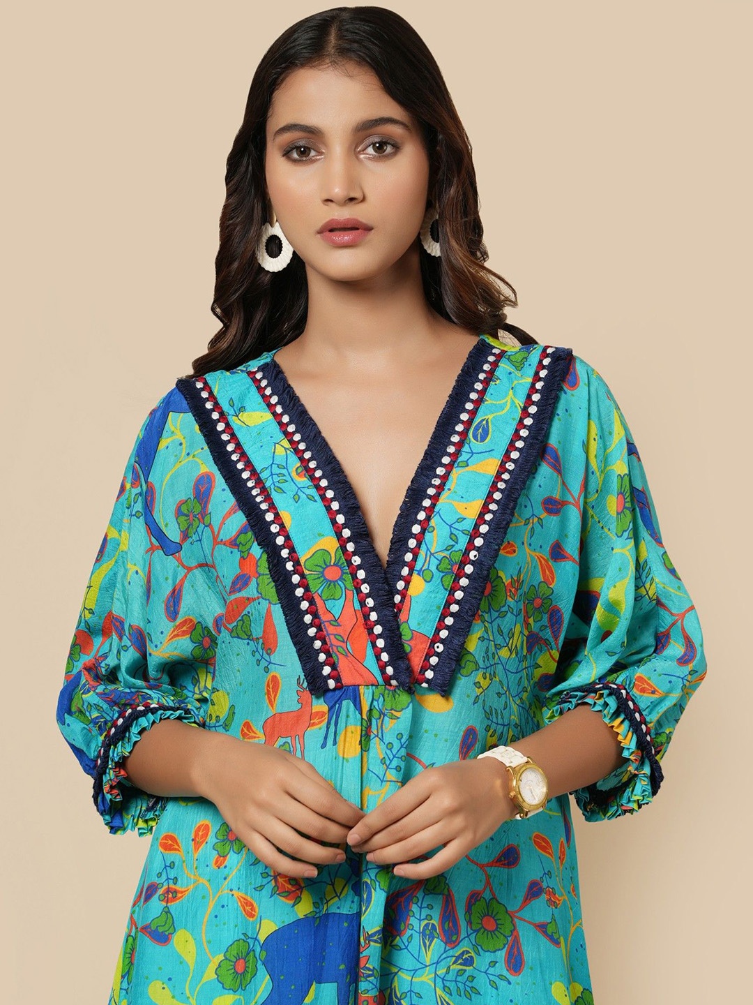 

YELLOW PARROT Floral Printed Pure Cotton High Low Tunic With Trouser, Turquoise blue