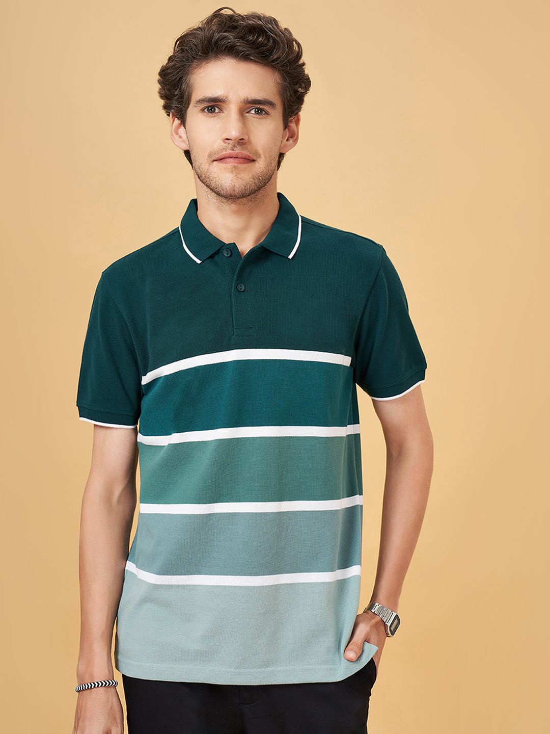 

BYFORD by Pantaloons Men Striped Polo Collar Cotton Slim Fit T-Shirt, Green
