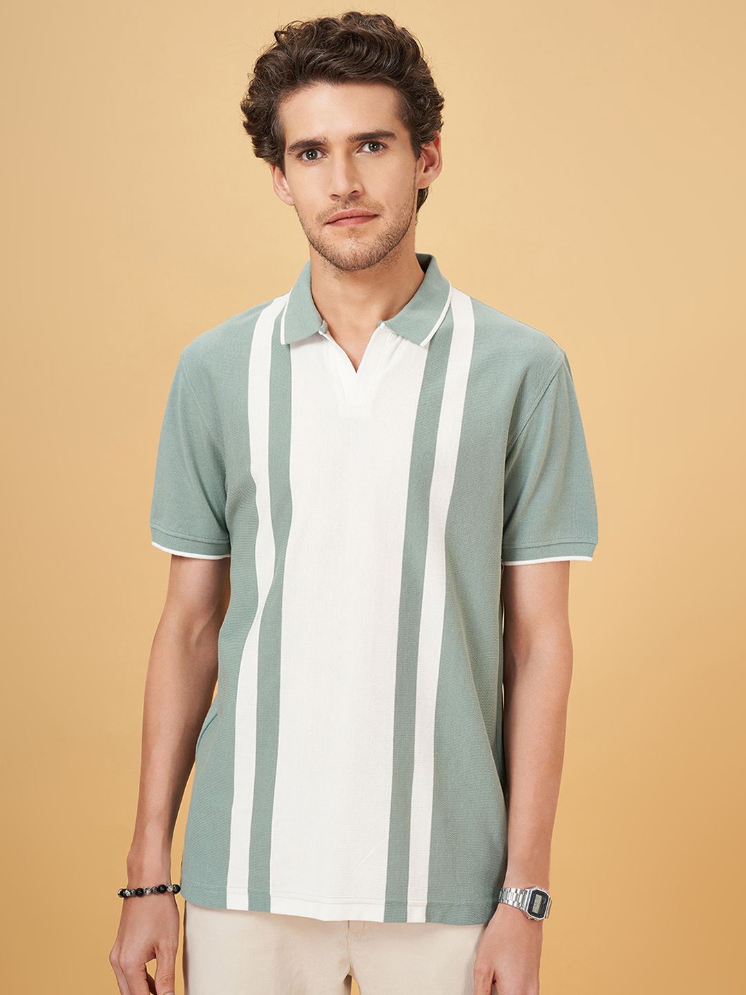 

BYFORD by Pantaloons Men Striped Polo Collar Cotton Slim Fit T-Shirt, Green