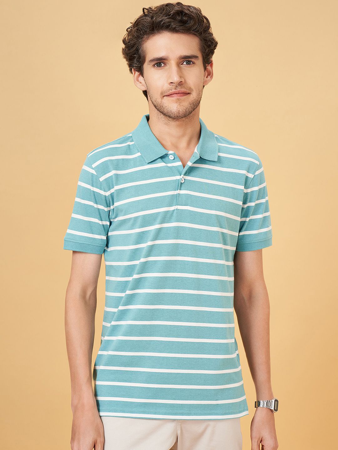 

BYFORD by Pantaloons Men Striped Polo Collar Cotton Slim Fit T-Shirt, Blue