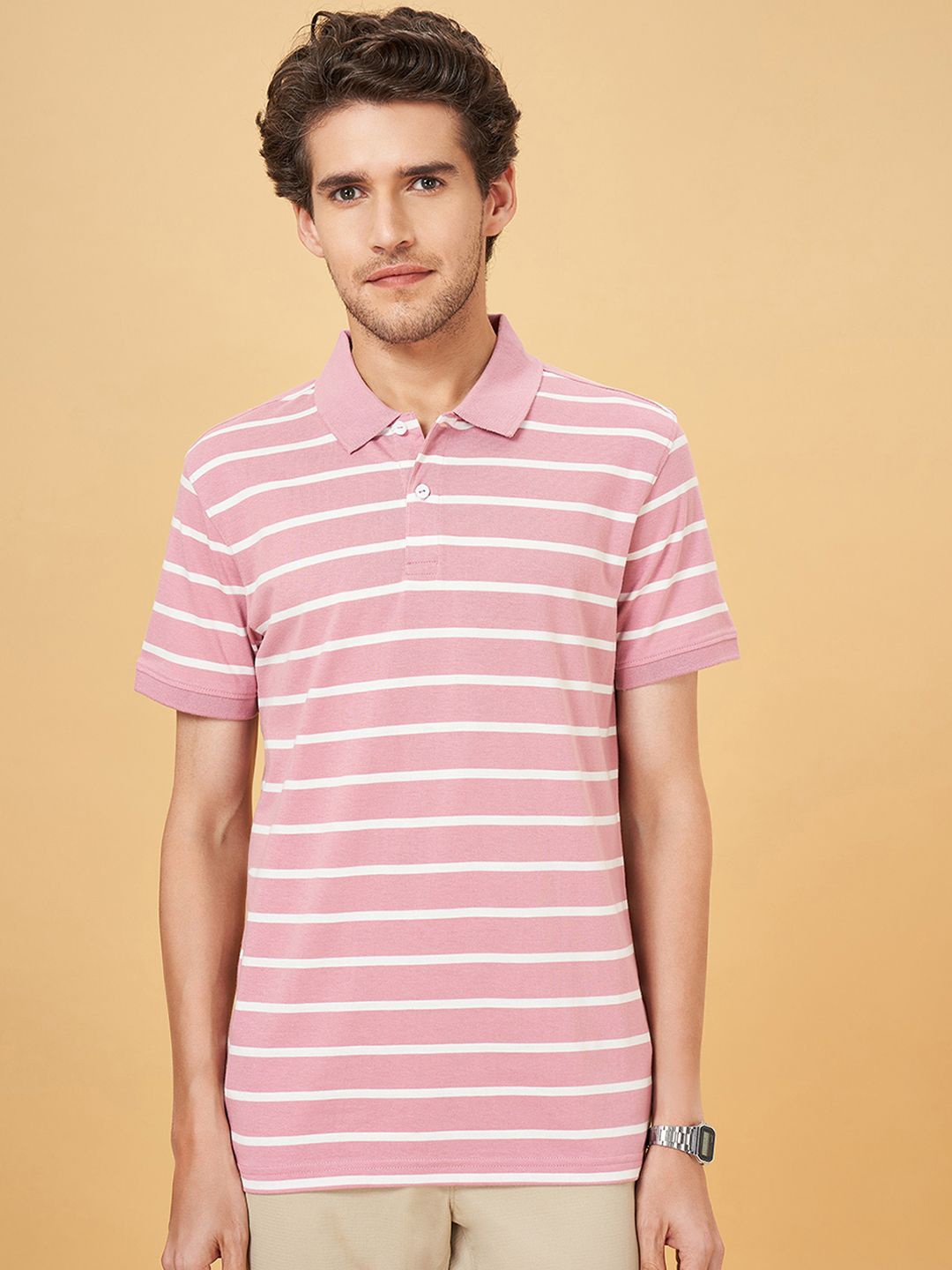 

BYFORD by Pantaloons Men Striped Polo Collar Cotton Slim Fit T-Shirt, Pink