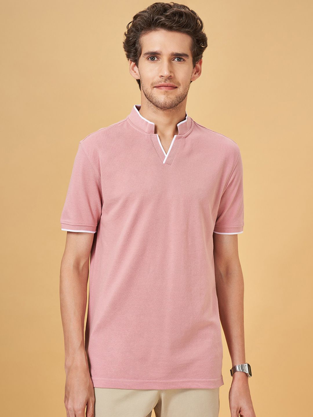 

BYFORD by Pantaloons Men Solid Polo Collar Cotton Slim Fit T-Shirt, Pink