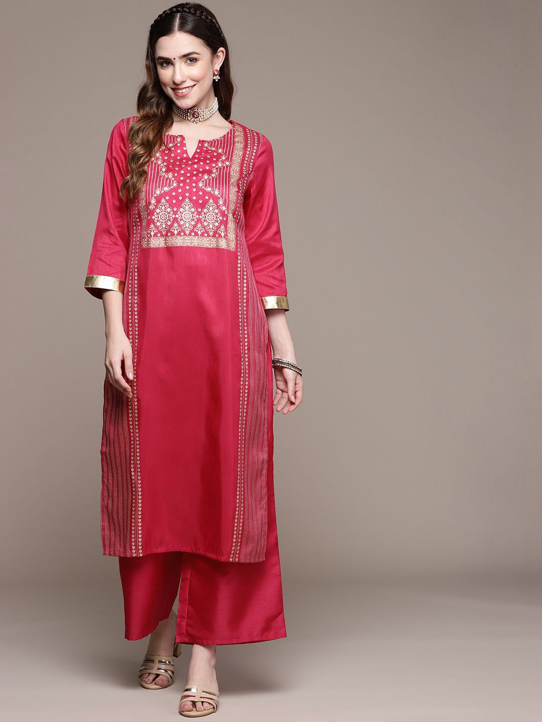 

ZIYAA Pink Floral Printed Notch Neck Straight Kurta with Palazzos