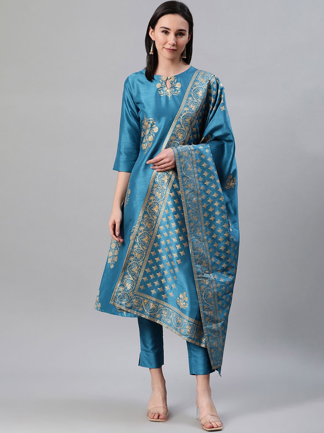 

ZIYAA Blue Floral Printed Keyhole Neck A-Line Kurta With Trousers & Dupatta