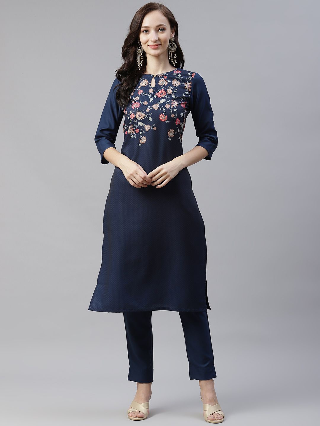 

ZIYAA Navy Blue Floral Printed Keyhole Neck Straight Kurta with Trousers