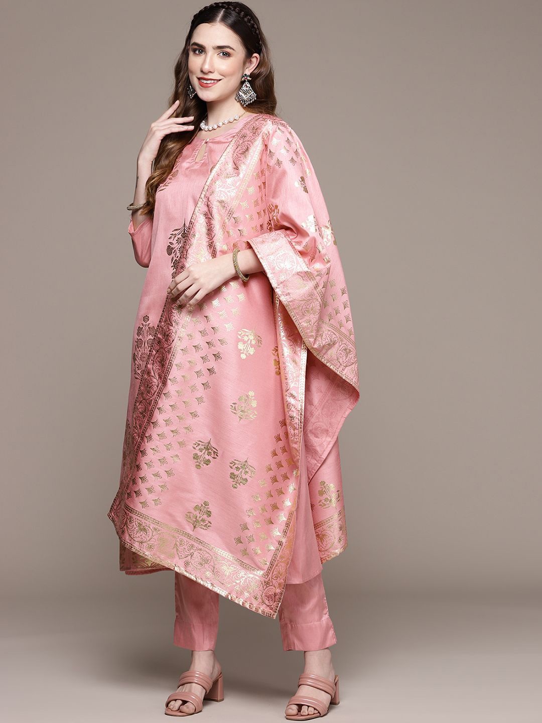 

ZIYAA Pink Floral Printed Keyhole Neck A-Line Kurta With Trousers & Dupatta