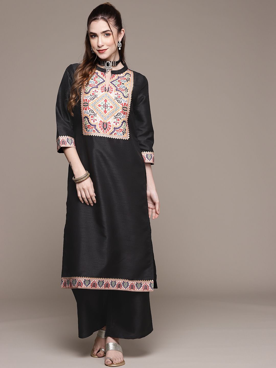 

ZIYAA Black Ethnic Motifs Yoke Design Gotta Patti Straight Kurta with Palazzos