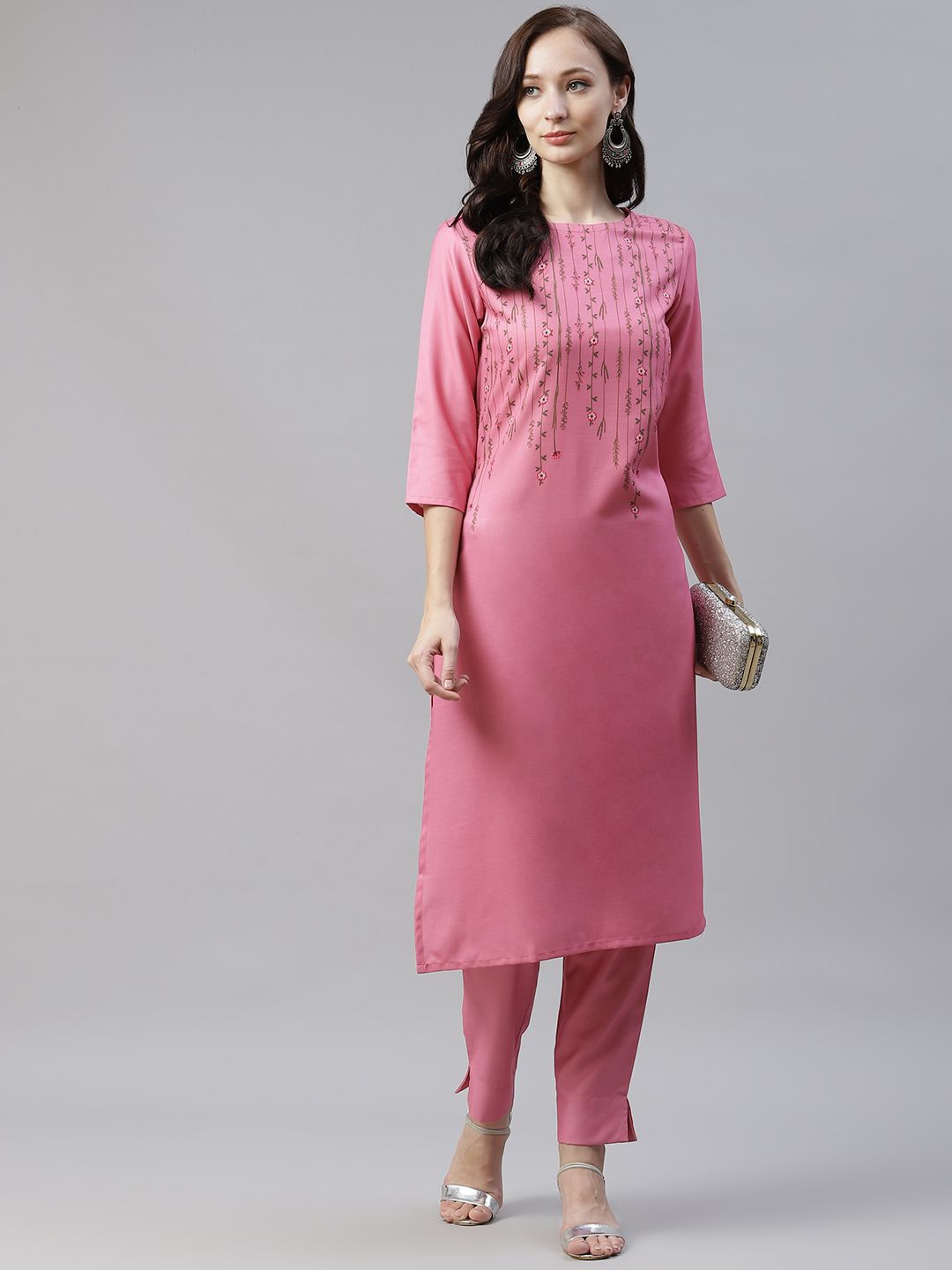 

ZIYAA Pink Floral Embroidered Thread Work Straight Kurta with Trousers