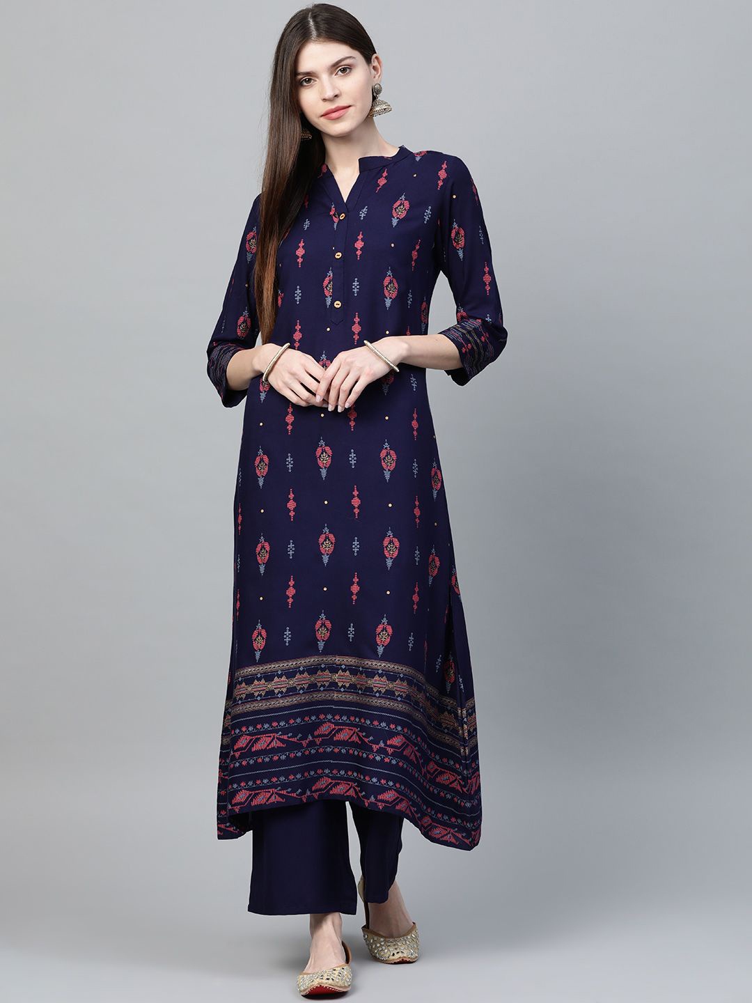 

ZIYAA Navy Blue Ethnic Motifs Printed Mandarin Collar A-Line Kurta with Palazzos