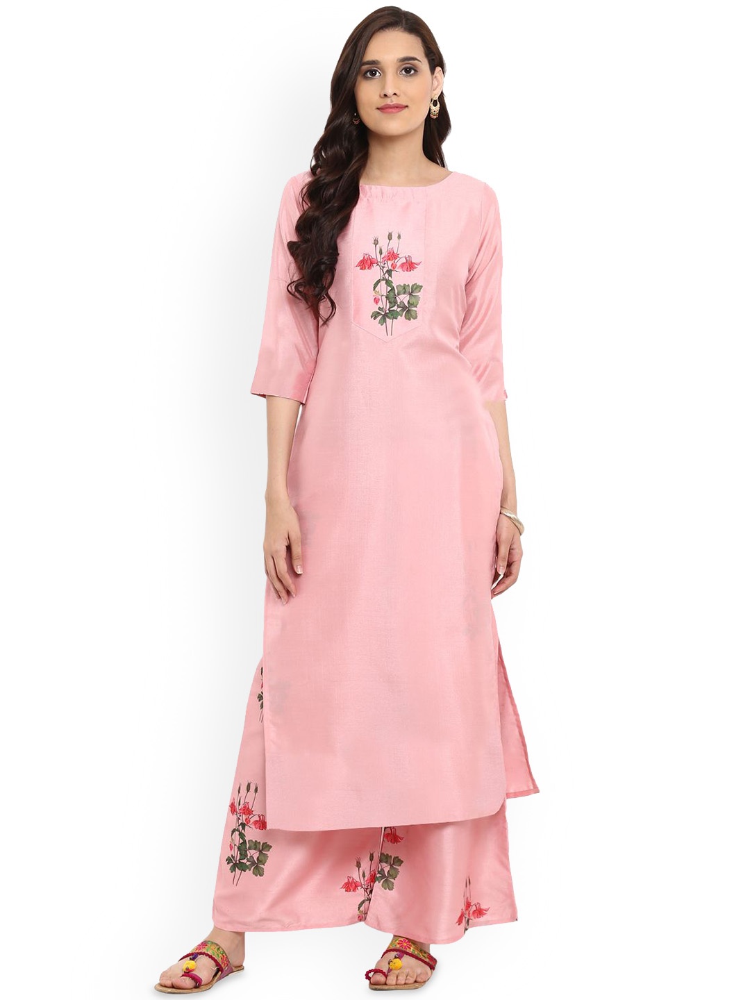 

ZIYAA Pink Floral Printed Boat Neck Straight Kurta with Palazzos