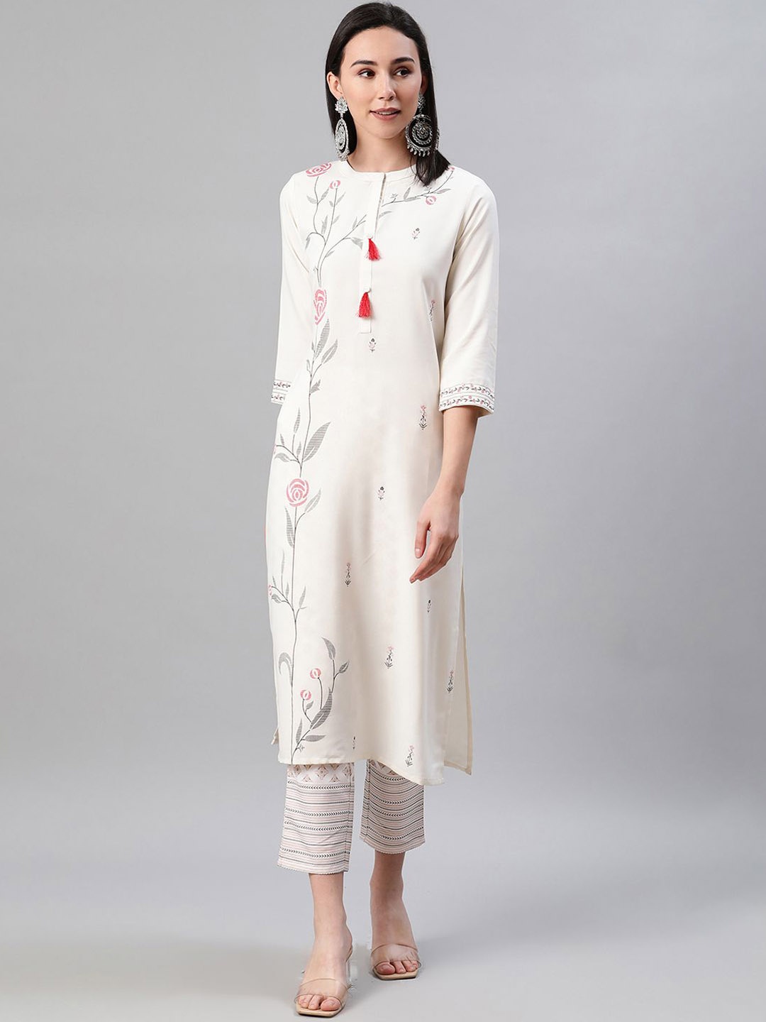 

ZIYAA Cream Coloured Floral Printed Band Collar Straight Kurta with Trousers