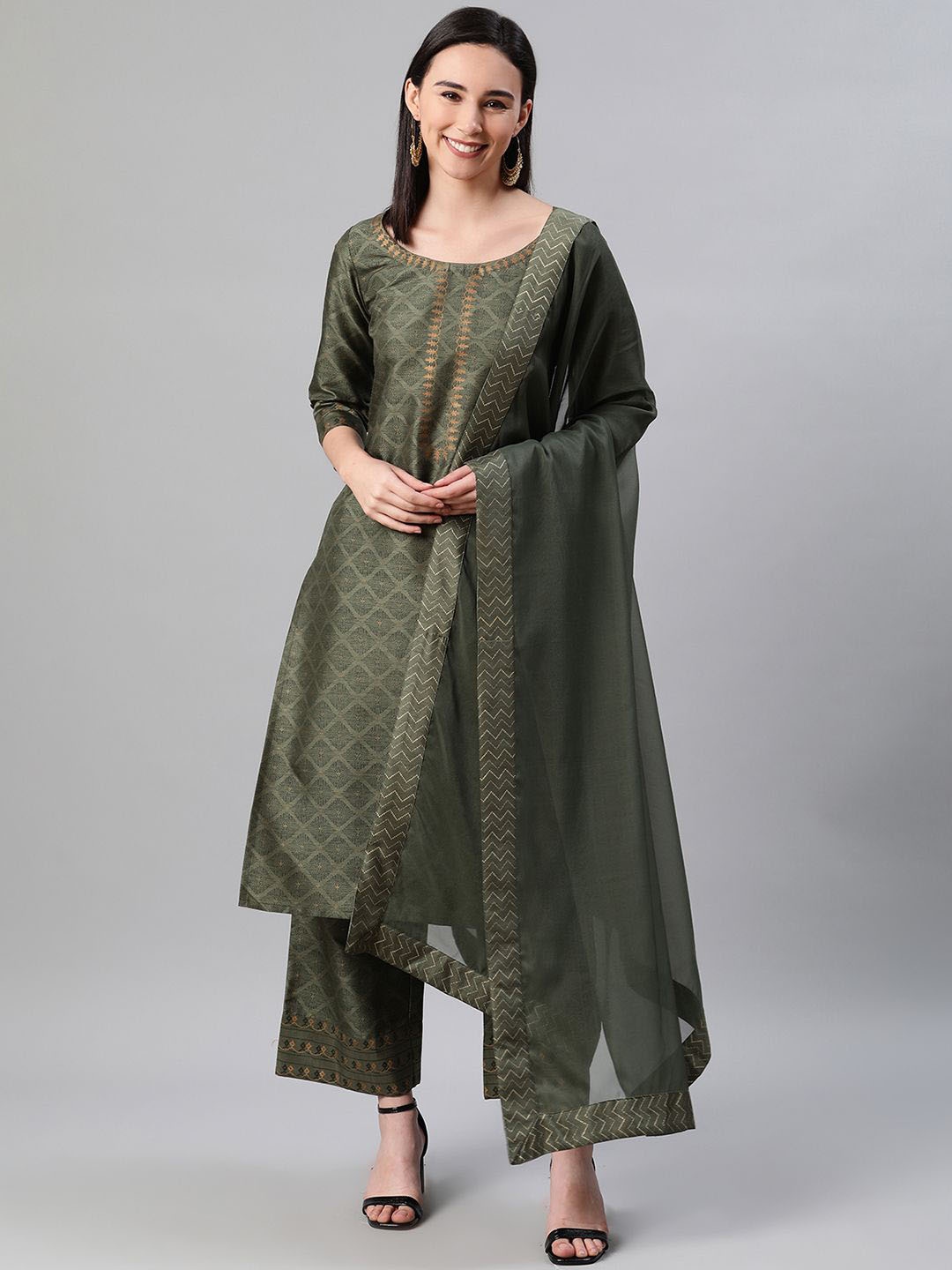 

ZIYAA Green Ethnic Motifs Printed Round Neck Straight Kurta With Palazzos & Dupatta