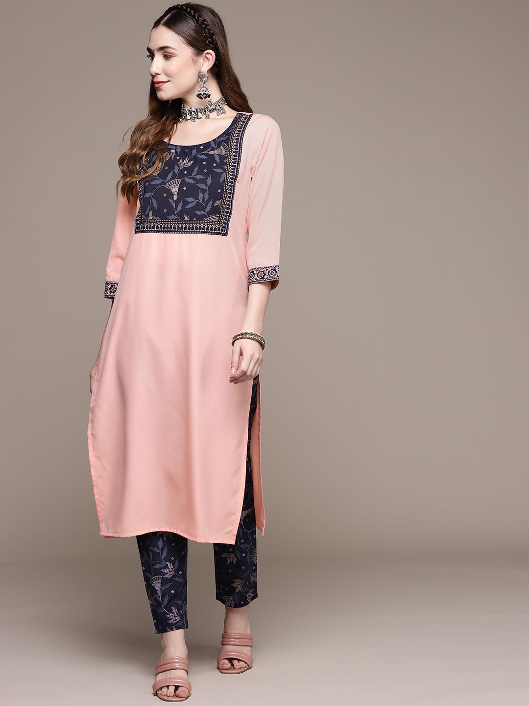 

ZIYAA Pink Floral Yoke Design Thread Work Straight Kurta with Trousers