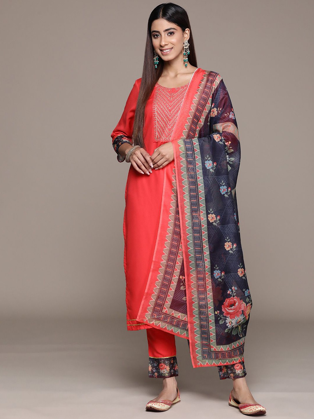 

ZIYAA Coral Floral Yoke Design Thread Work Straight Kurta with Trousers & Dupatta