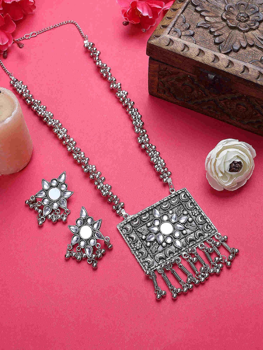 

CARDINAL Brass-Plated Stone-Studded Jewellery Set, Silver