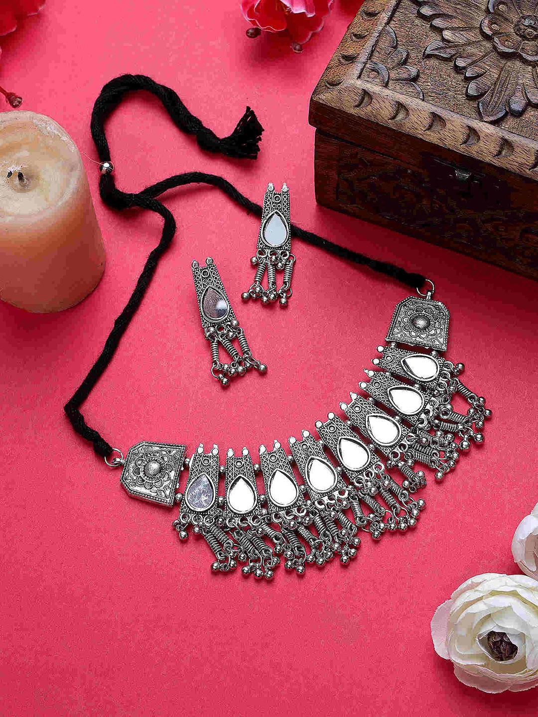 

CARDINAL Brass-Plated Stone-Studded Jewellery Set, Silver