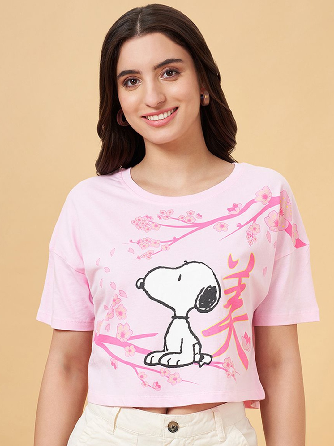 Honey by Pantaloons Women Graphic Printed Round Neck Cotton Boxy T-Shirt, Pink