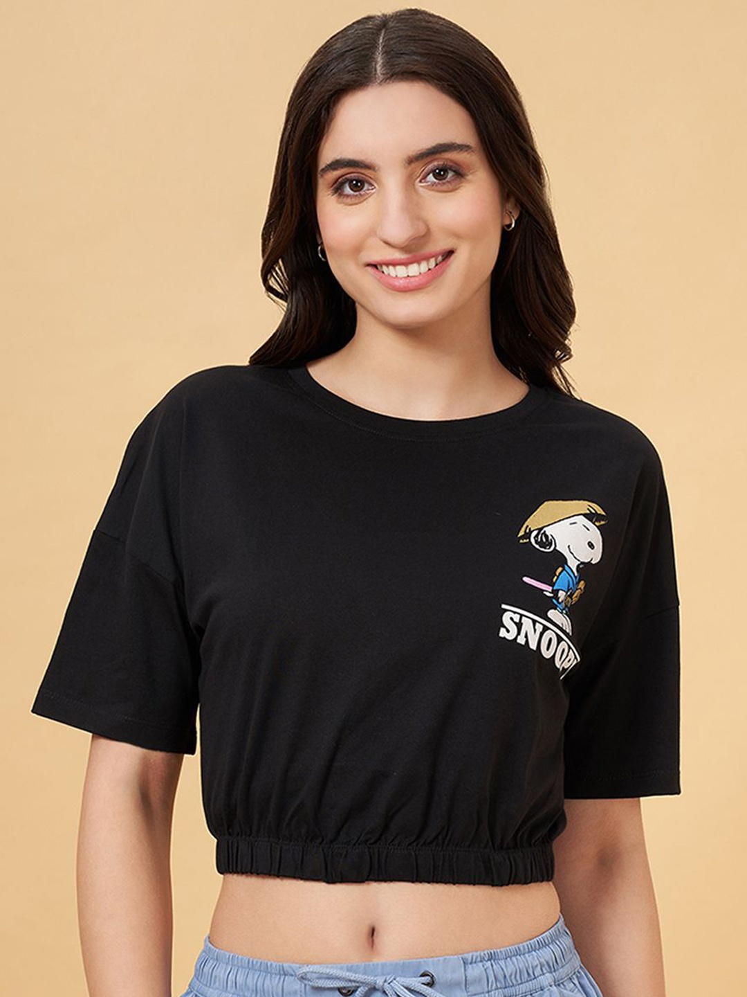 

Honey by Pantaloons Women Typography Printed Pockets T-shirt, Black