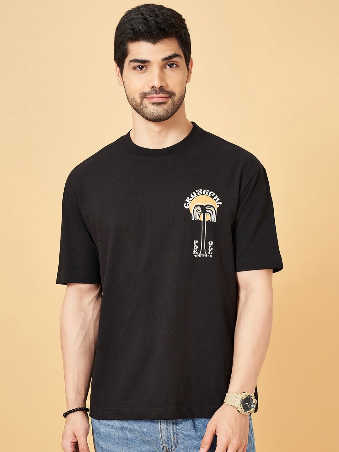 

People Men Printed Applique Boxy T-shirt, Black