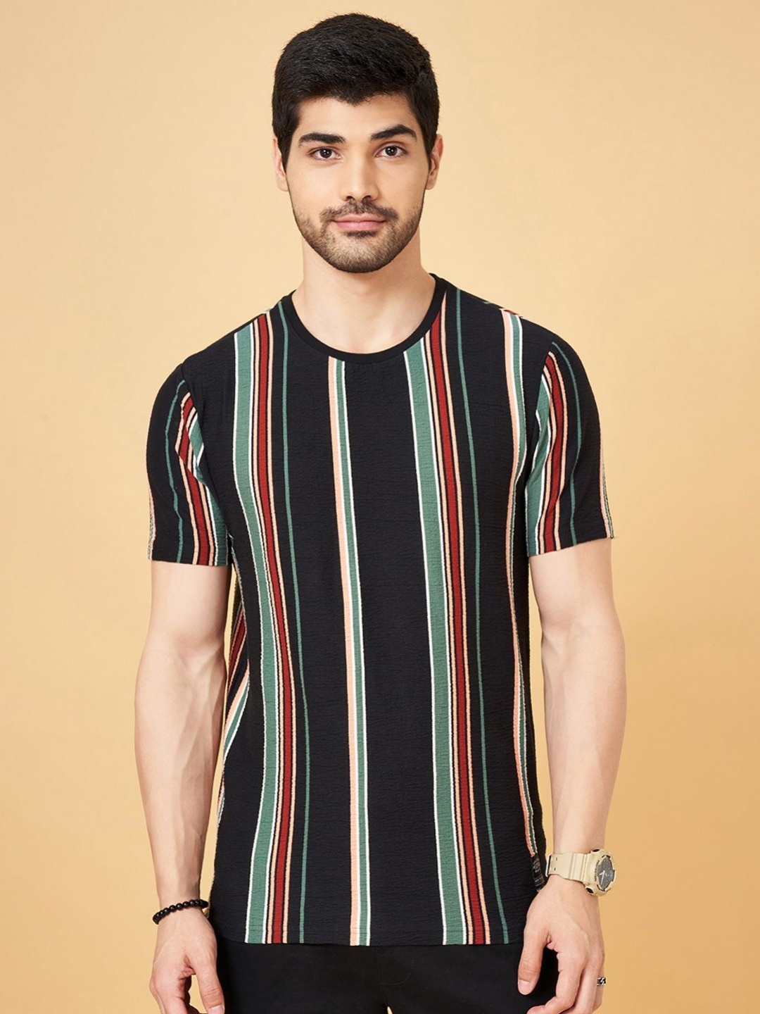 

People Men Striped Extended Sleeves Monochrome Pockets Slim Fit T-shirt, Black