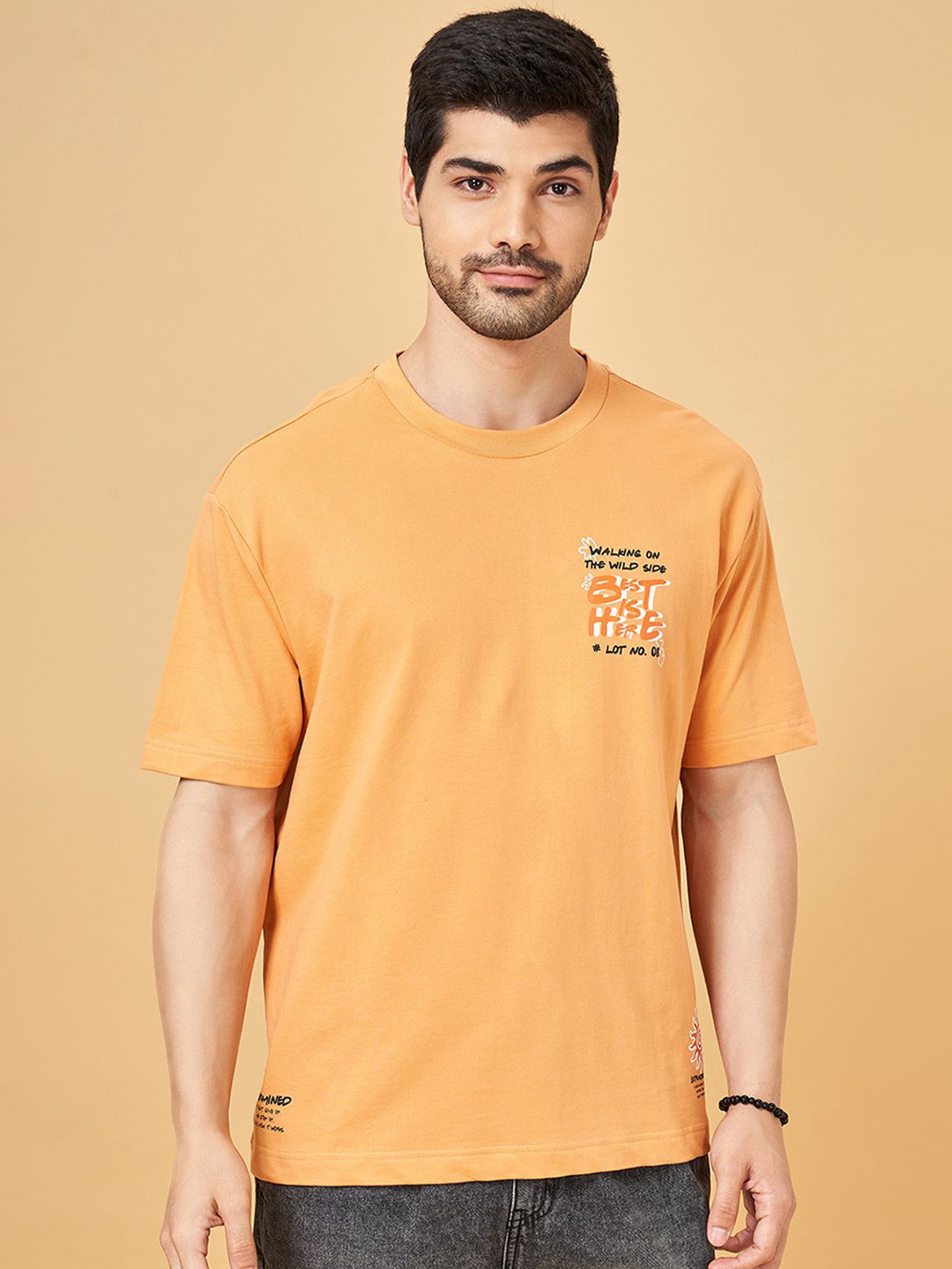 

People Men Typography Hooded Applique Boxy T-shirt, Nude
