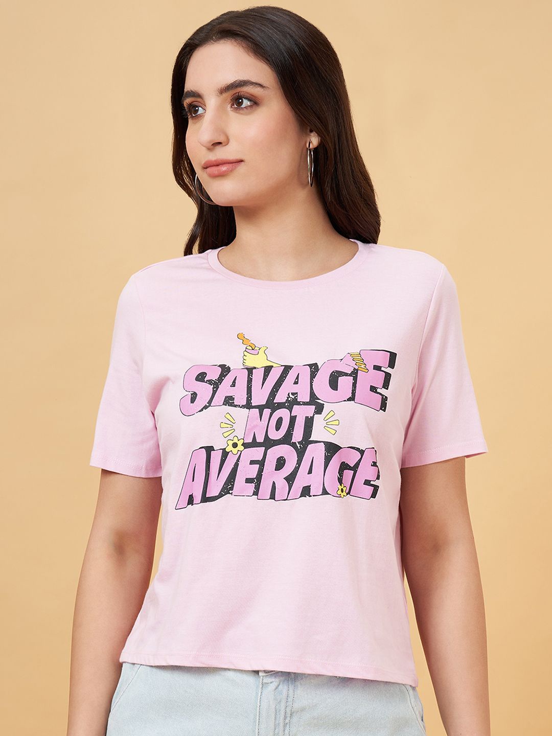 

People Women Typography Printed V-Neck Pockets Boxy T-shirt, Pink