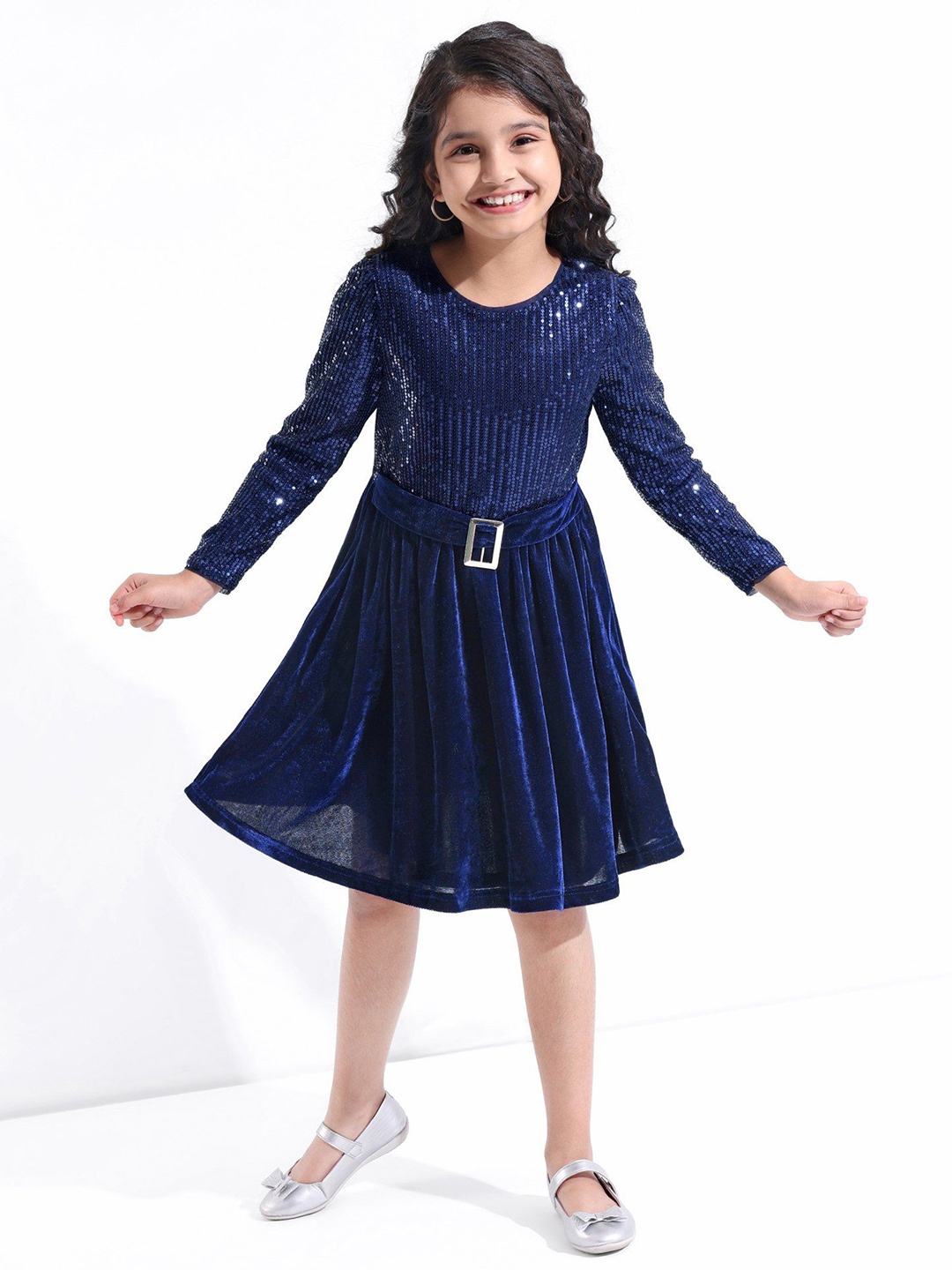 

Hola Bonita Girls Velvet Sequin Fit & Flare Dress, Navy blue