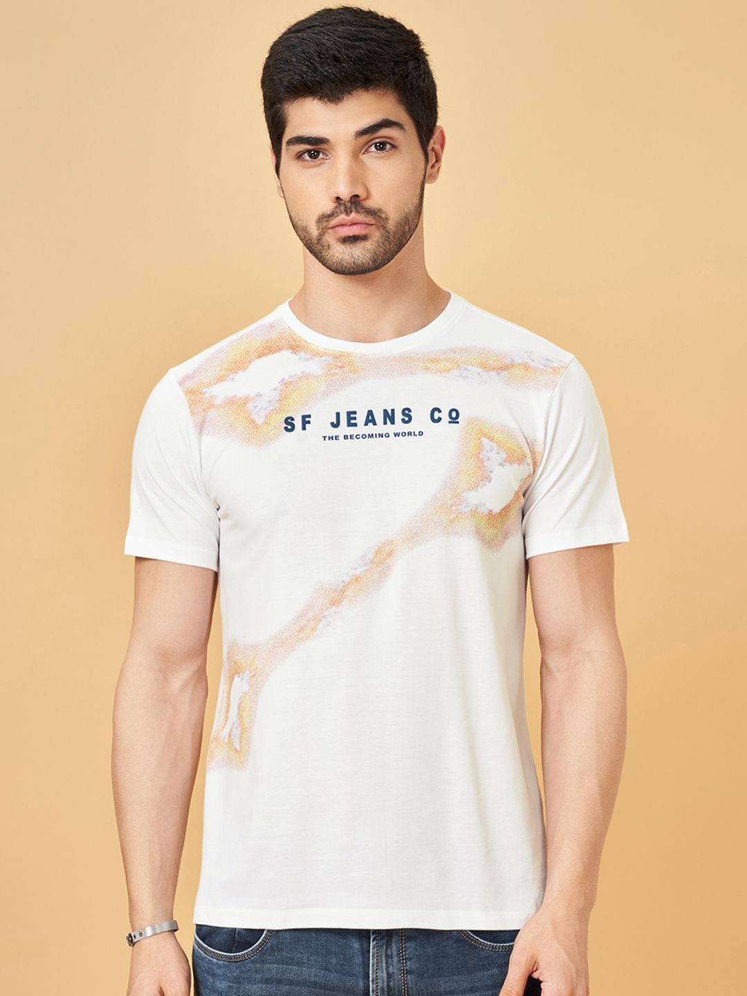 

SF JEANS by Pantaloons Men Graphic Printed Round Neck Cotton Slim Fit T-Shirt, White