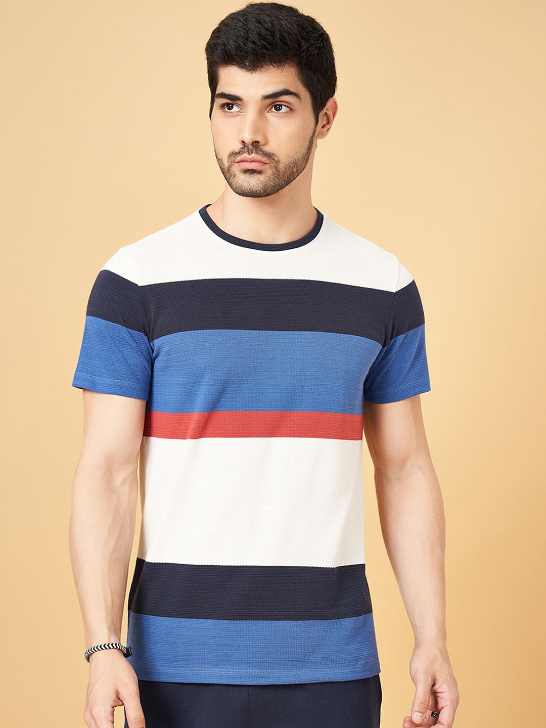 

SF JEANS by Pantaloons Men Striped Round Neck Cotton Slim Fit T-Shirt, Off white