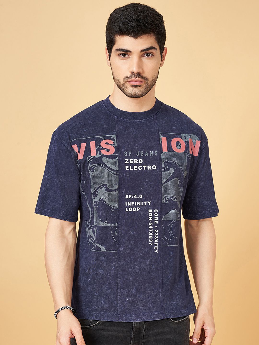 

SF JEANS by Pantaloons Men Graphic Printed Round Neck Cotton Oversized T-Shirt, Blue