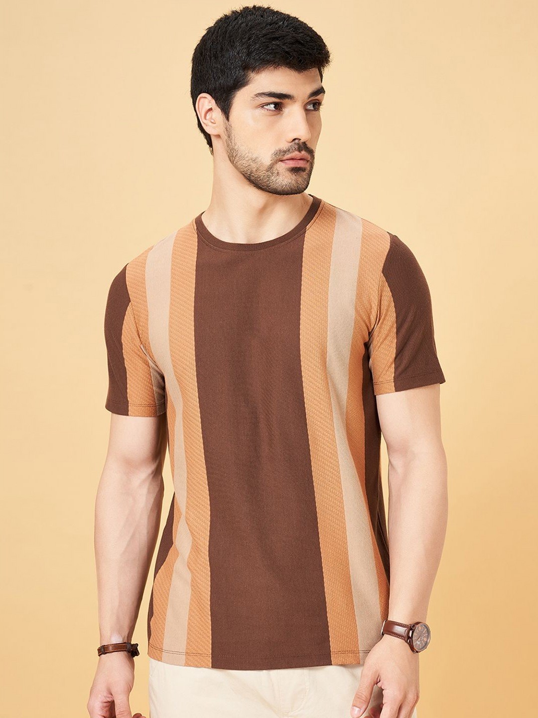 

Urban Ranger by pantaloons Men Striped Slim Fit T-shirt, Brown