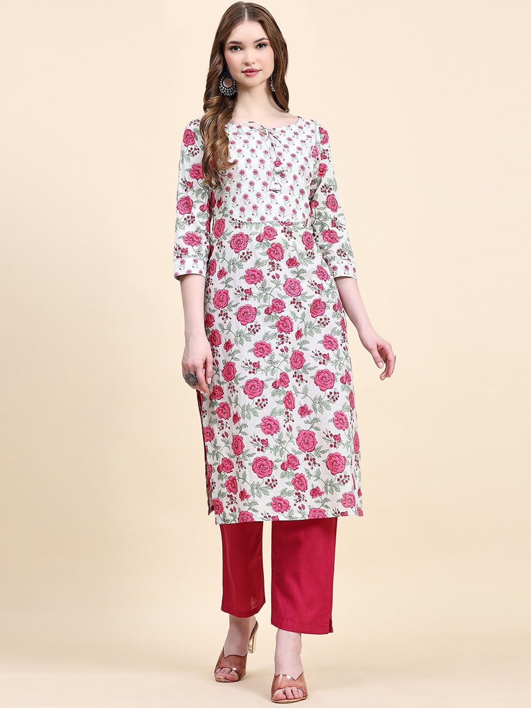 

CANIZZARO Floral Printed Tie-Up Neck Regular Straight Kurta With Trousers, White