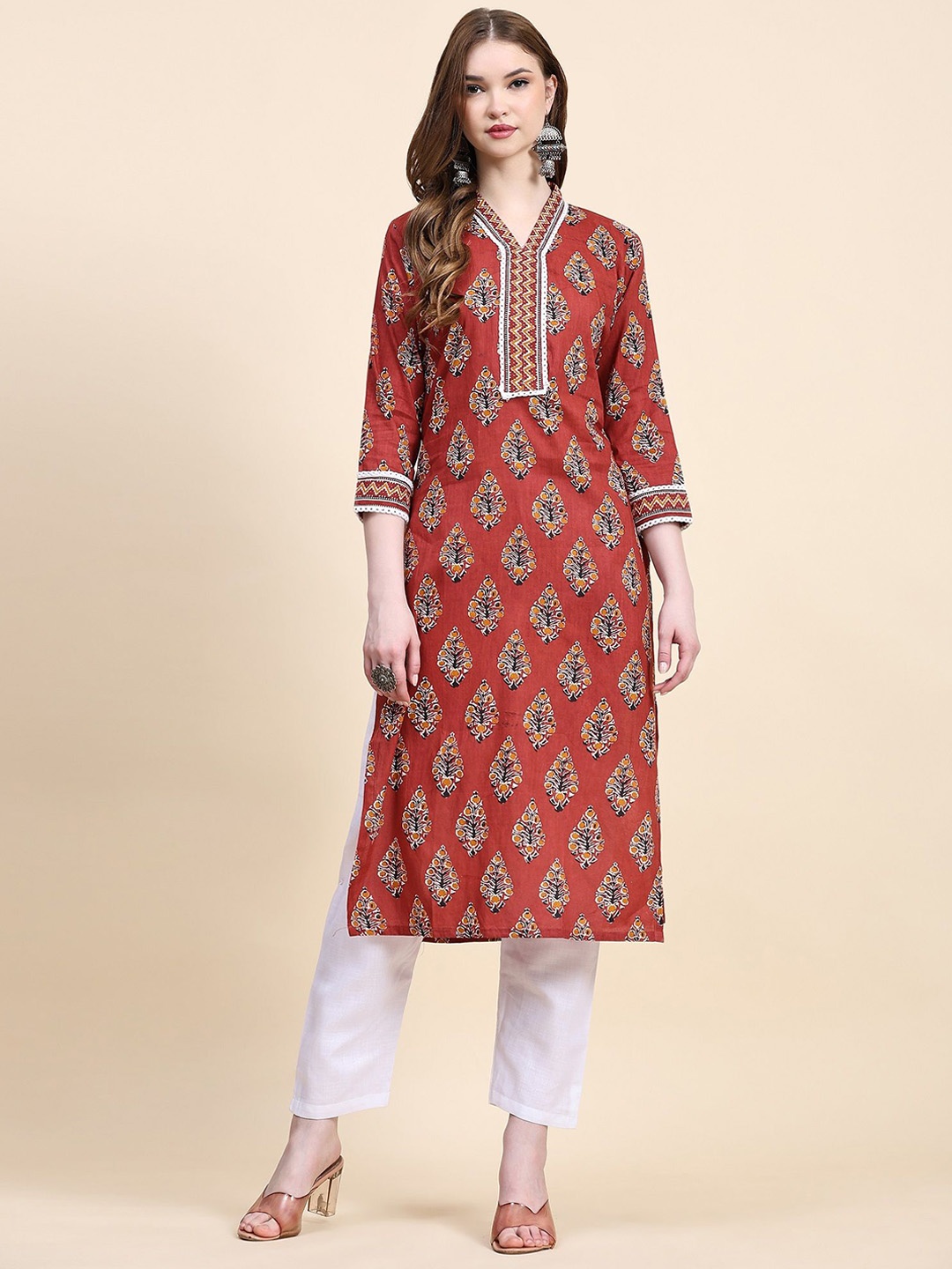 

CANIZZARO Ethnic Motifs Printed Khadi Straight Kurta With Trouser, Orange