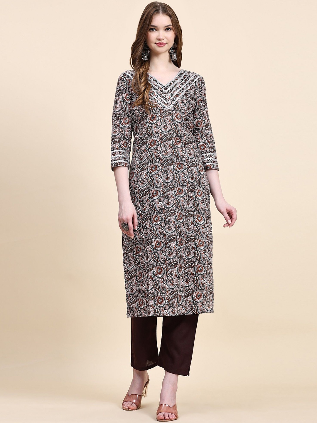 

CANIZZARO Ethnic Motifs Printed Khadi Straight Kurta With Trouser, Brown