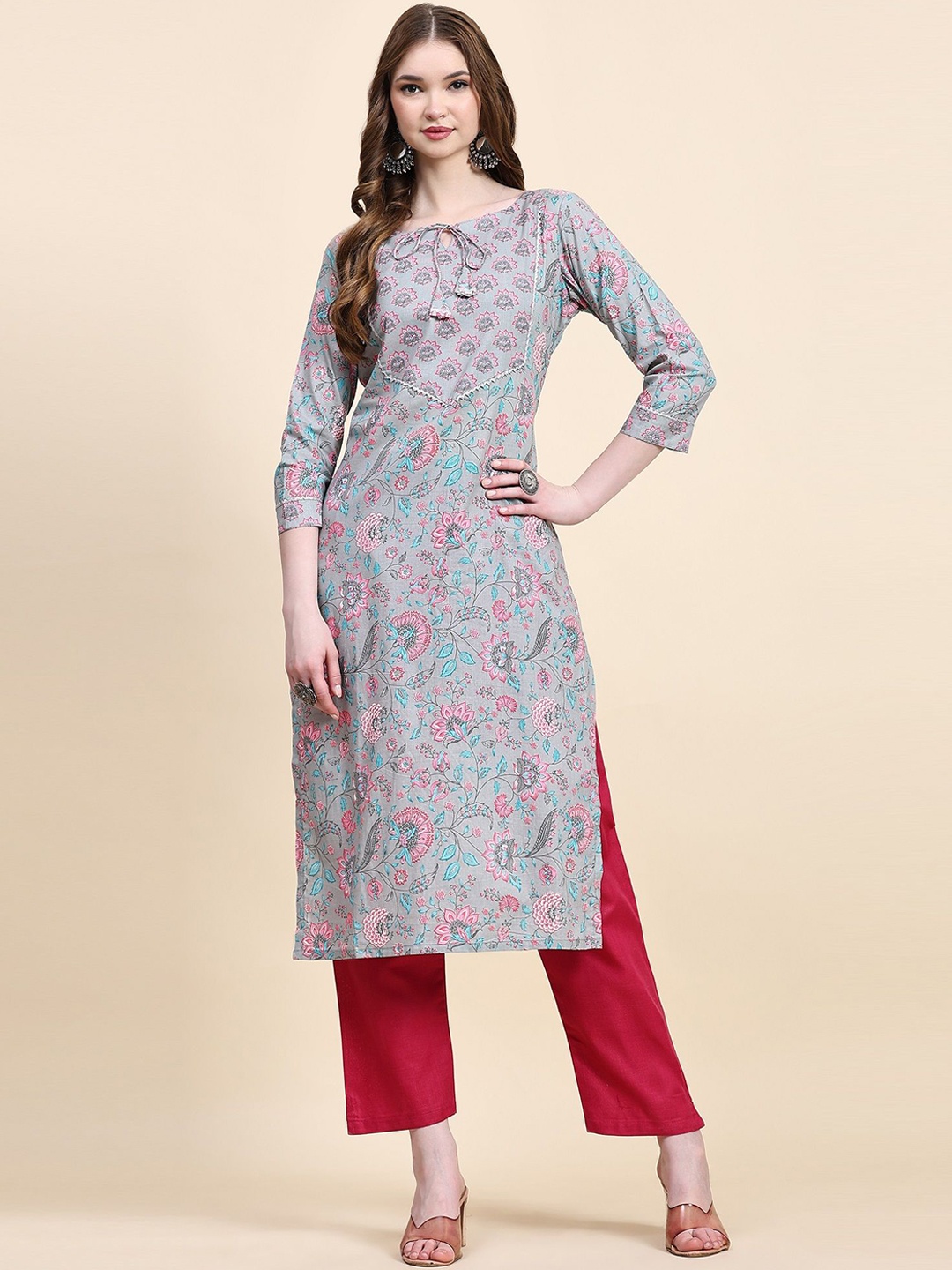 

CANIZZARO Florla Printed Tie-Up Neck Khadi Straight Kurta With Trouser, Grey