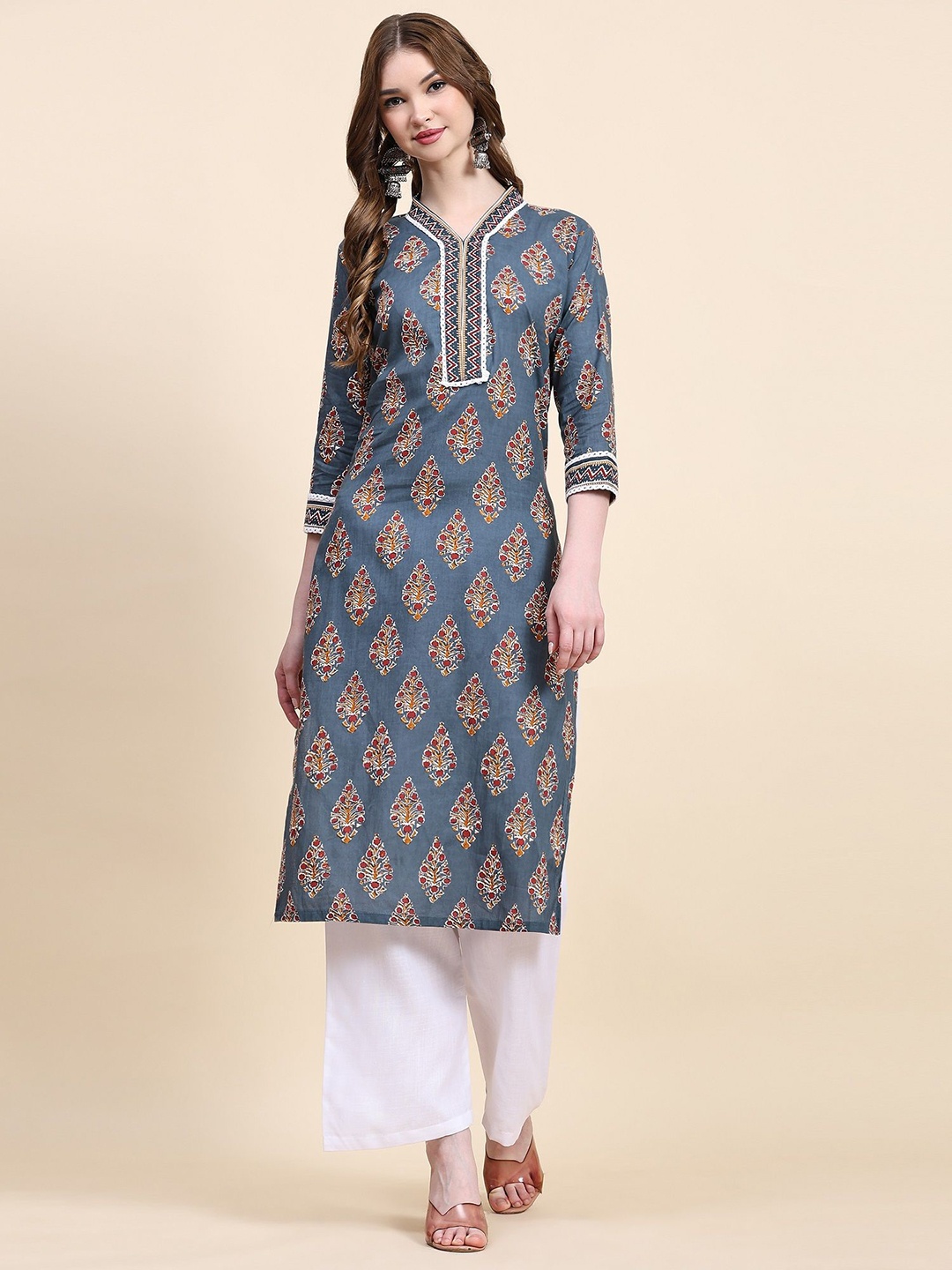 

CANIZZARO Ethnic Motifs Printed Khadi Straight Kurta With Trouser, Teal