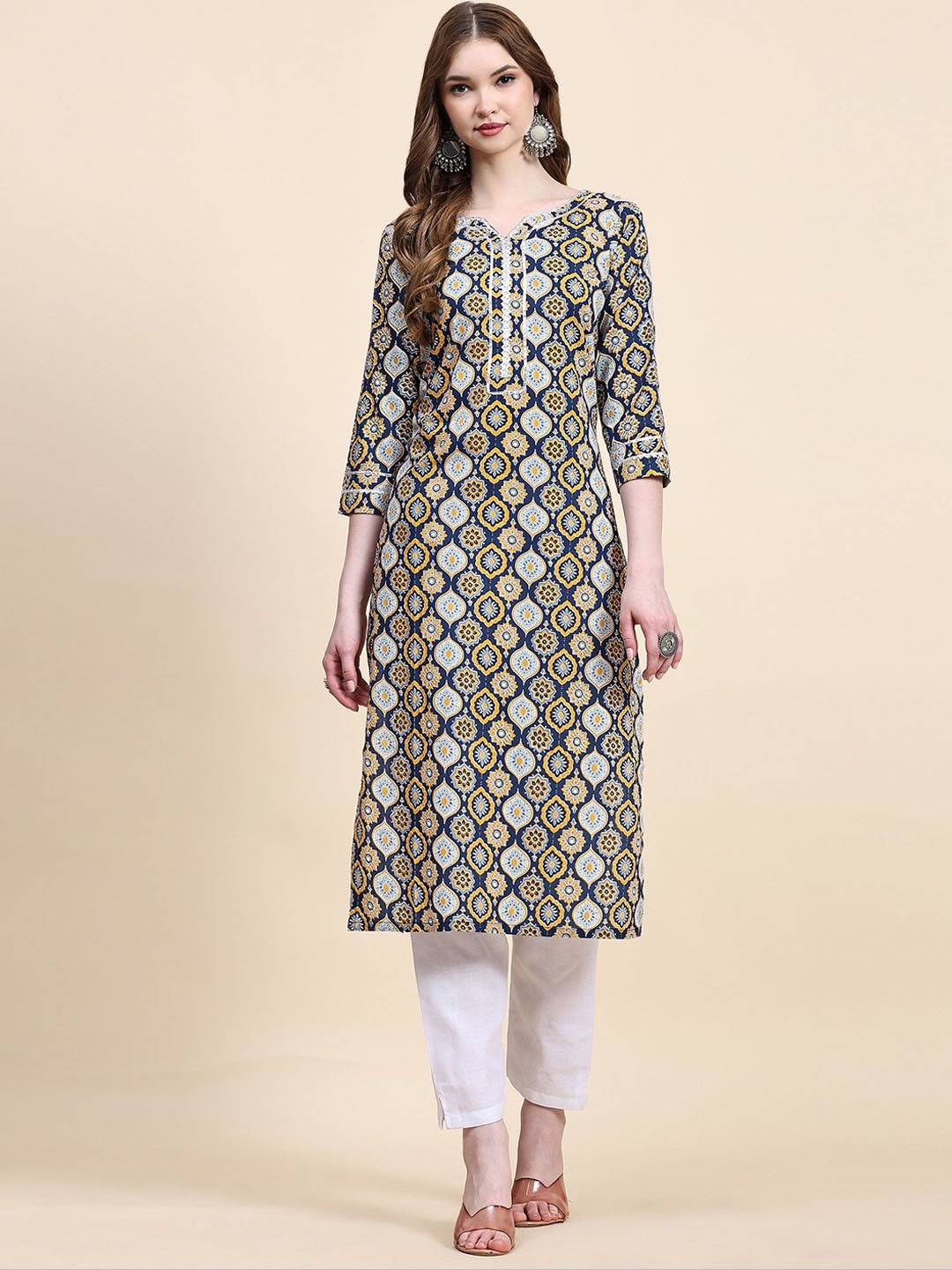 

CANIZZARO Ethnic Motifs Printed Khadi Straight Kurta With Trouser, Yellow