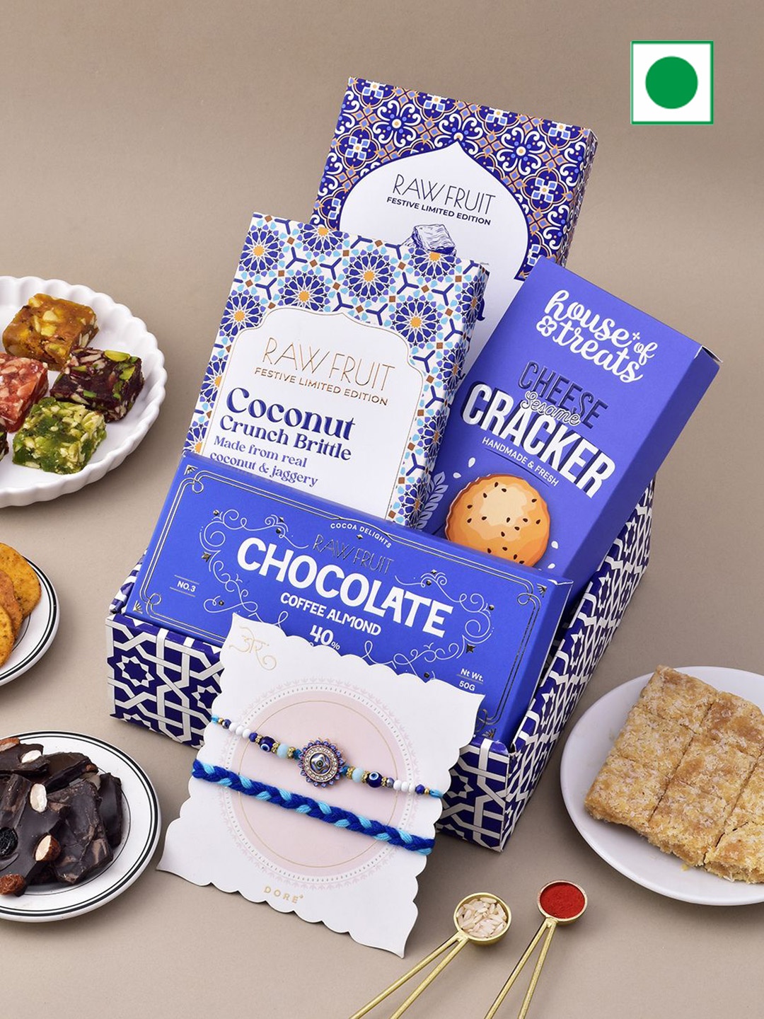 

RawFruit Set of 2 Rakhi With Cookie & Chocolate Gift Set, Blue