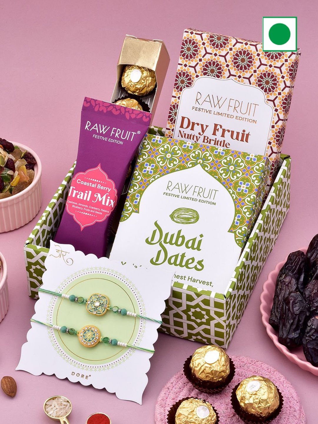 

RawFruit Set Of 4 Chocolate & Dry Fruits With Set of 2 Rakhi, Green