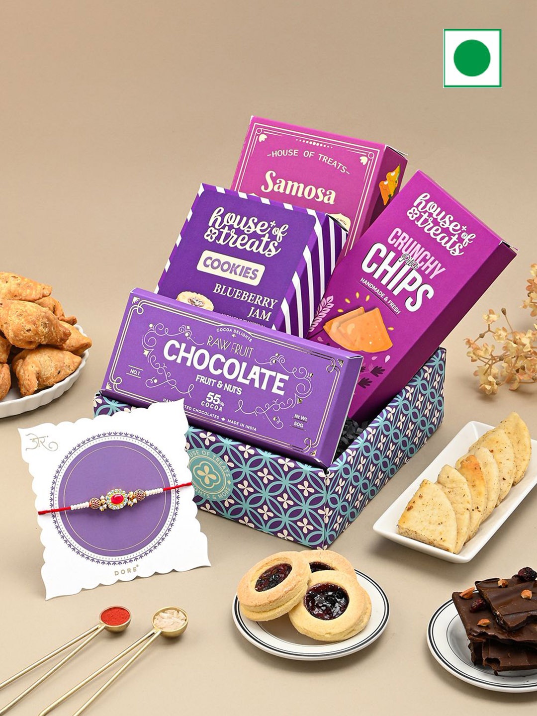 

RawFruit Set Of 4 Chocolate & Snacks With Set of 1 Rakhi, Blue