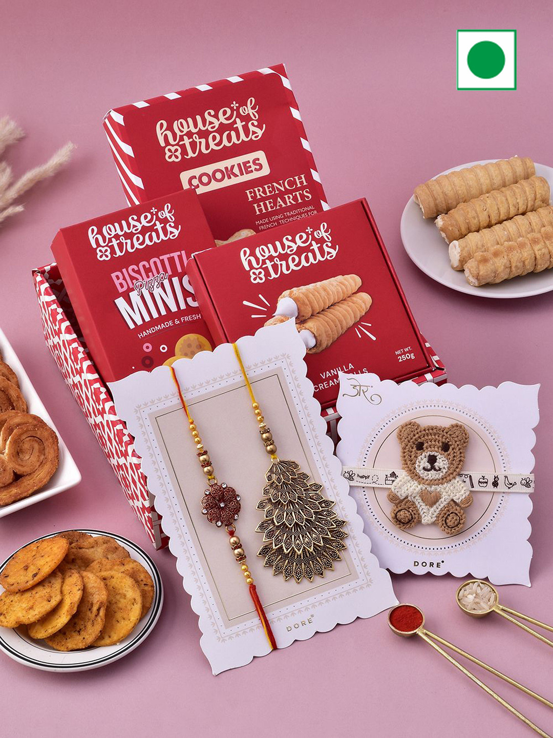 

RawFruit Set Of 5 Cookies Hamper with Family Rakhi Gift, Red
