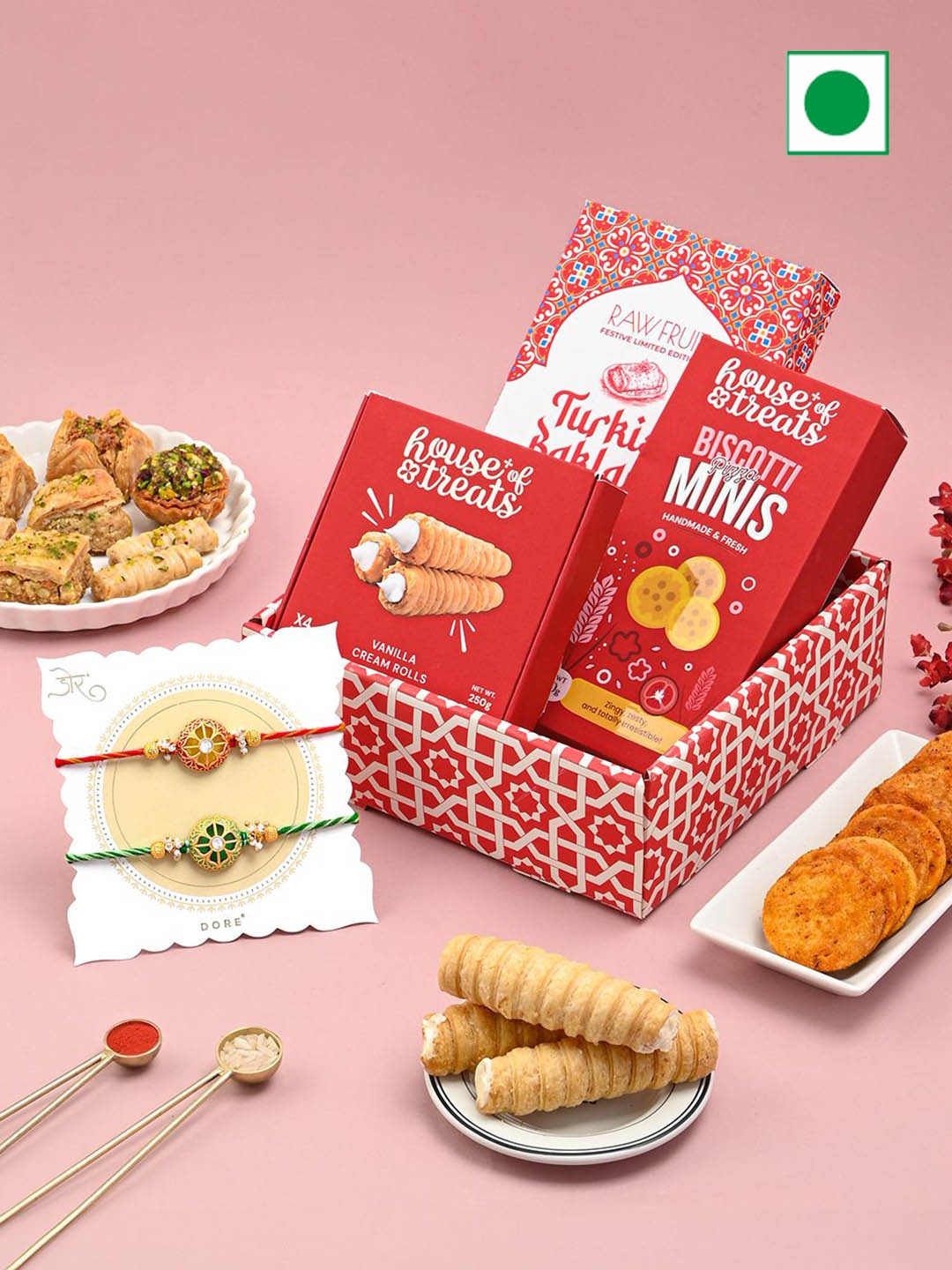 

RawFruit Set Of 3 Cookies & Rolls With Set of 2 Rakhi, Red