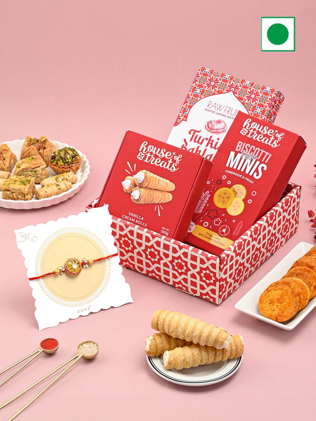 RawFruit Rakhi & Roli Chawal Assorted Gifts, Red